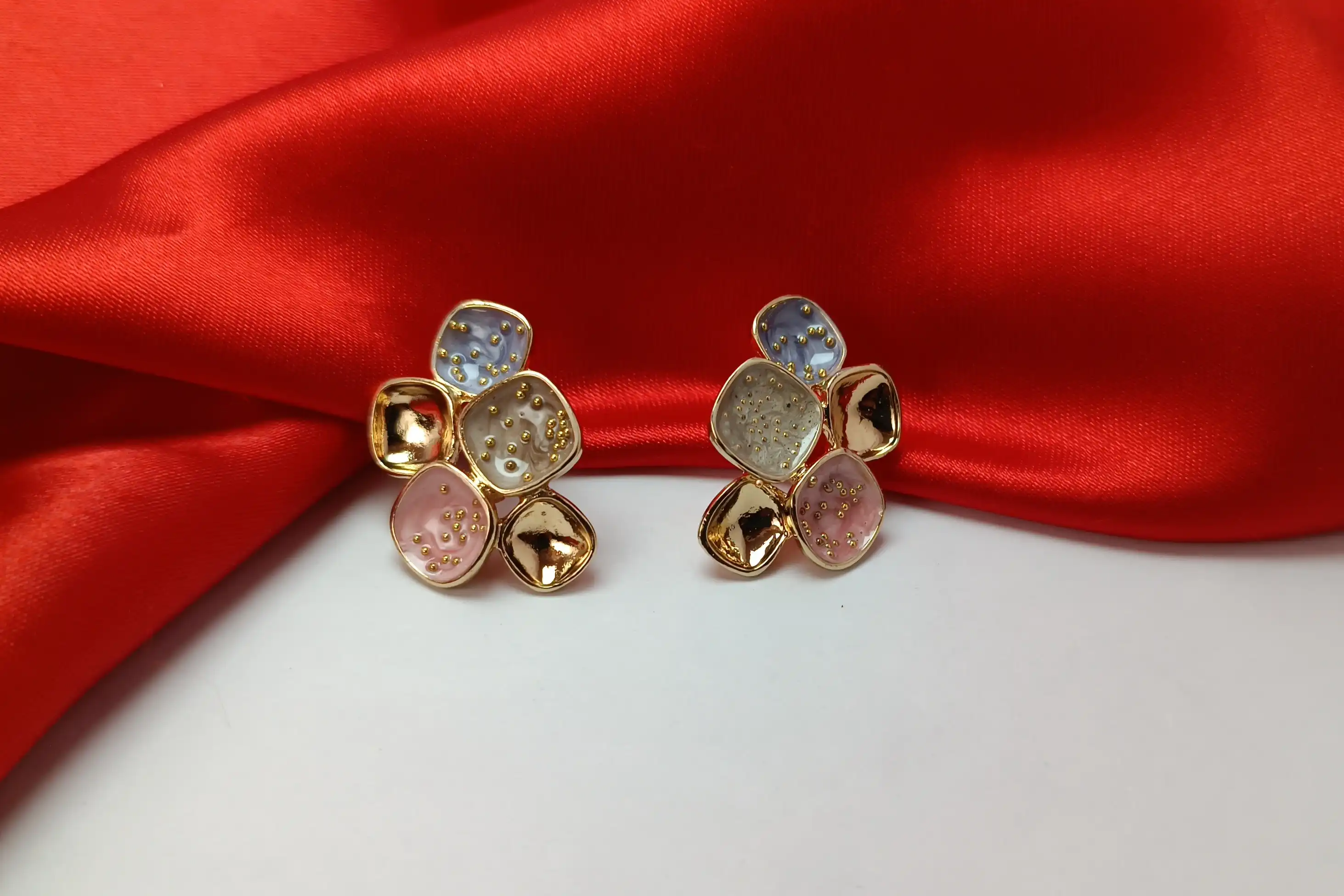 Pastel Enamel Mosaic Flower Stud Earrings – Gold Abstract Cluster Earrings